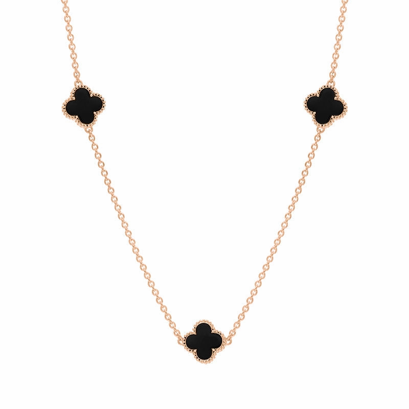 18ct Rose Gold Whitby Jet Bloom Four Leaf Clover Ball Edge Necklace