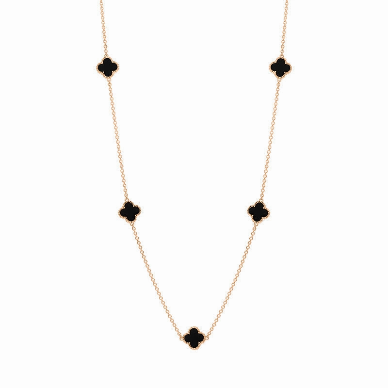 18ct Rose Gold Whitby Jet Bloom Four Leaf Clover Ball Edge Necklace