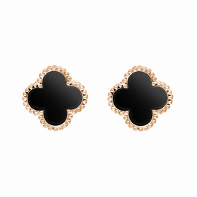 18ct Rose Gold Whitby Jet Bloom Four Leaf Clover Ball Edge Stud Earrings