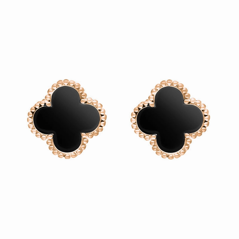 18ct Rose Gold Whitby Jet Bloom Four Leaf Clover Ball Edge Stud Earrings
