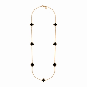 18ct Rose Gold Whitby Jet Bloom Four Leaf Clover Long Necklace