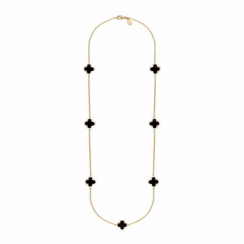 18ct Rose Gold Whitby Jet Bloom Four Leaf Clover Long Necklace