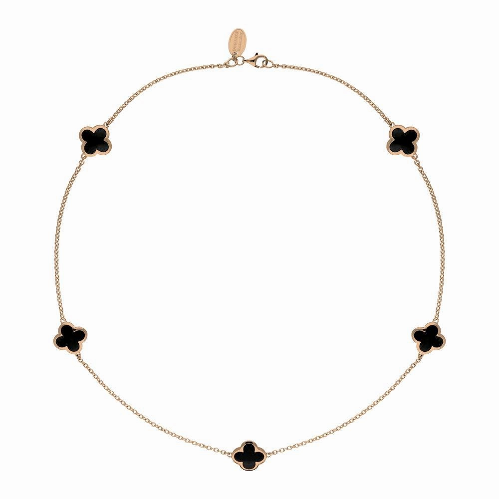 18ct Rose Gold Whitby Jet Bloom Four Leaf Clover Necklace