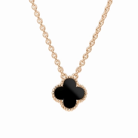 18ct Rose Gold Whitby Jet Bloom Small Four Leaf Clover Ball Edge Chain Necklace