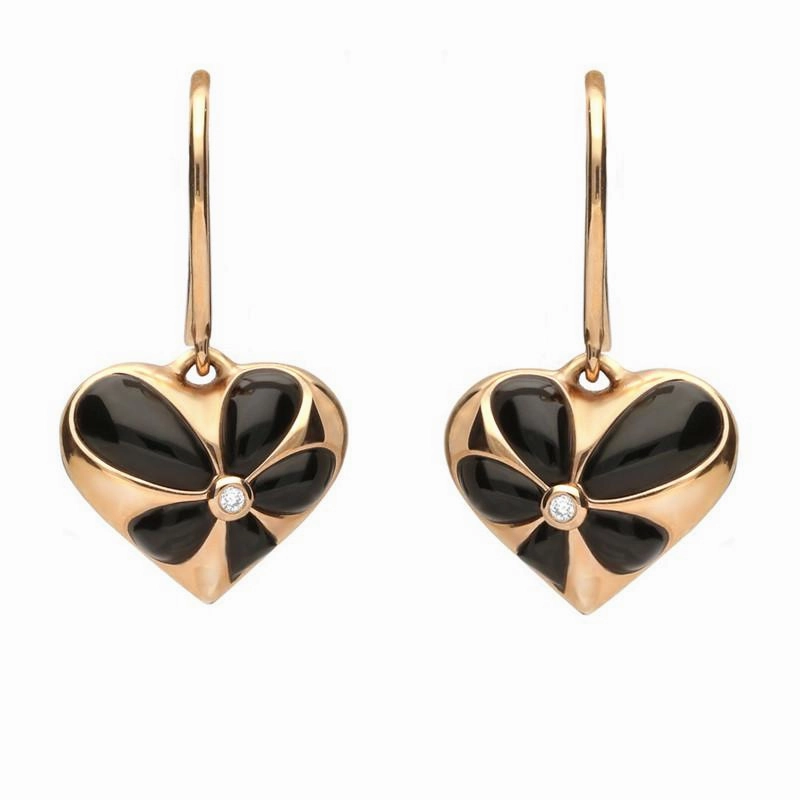 18ct Rose Gold Whitby Jet Diamond Faceted Cushion Earrings