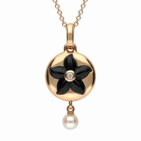 18ct Rose Gold Whitby Jet Diamond Flower Necklace