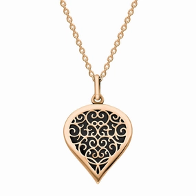 18ct Rose Gold Whitby Jet Flore Filigree Medium Heart Necklace