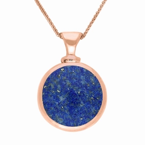 18ct Rose Gold Whitby Jet Lapis Lazuli Double Sided Round Dinky Fob Necklace