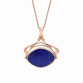 18ct Rose Gold Whitby Jet Lapis Lazuli Marquise Swivel Fob Necklace