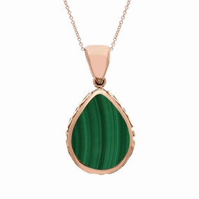 18ct Rose Gold Whitby Jet Malachite Double Sided Celtic Edge Pear Cut Fob Necklace