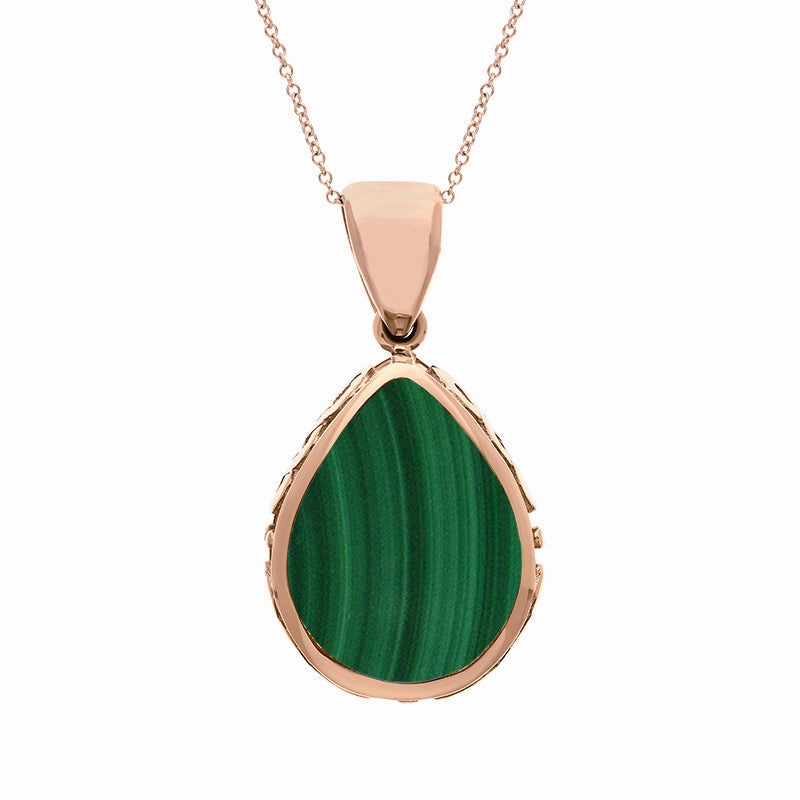 18ct Rose Gold Whitby Jet Malachite Double Sided Celtic Edge Pear Cut Fob Necklace