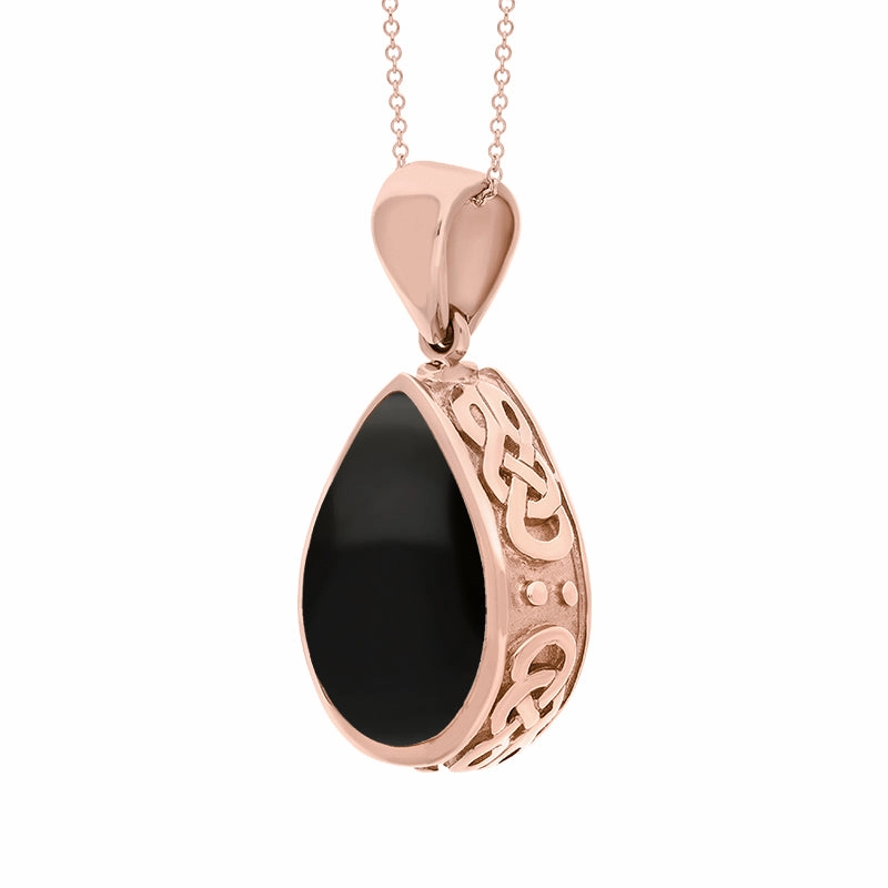 18ct Rose Gold Whitby Jet Malachite Double Sided Celtic Edge Pear Cut Fob Necklace