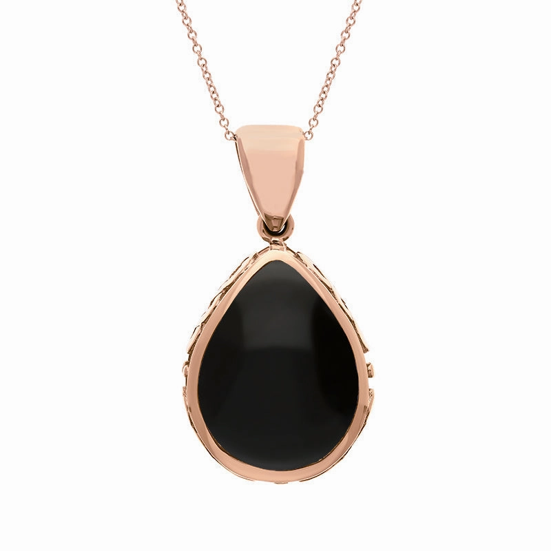 18ct Rose Gold Whitby Jet Malachite Double Sided Celtic Edge Pear Cut Fob Necklace