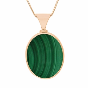 18ct Rose Gold Whitby Jet Malachite Hallmark Double Sided Oval Necklace