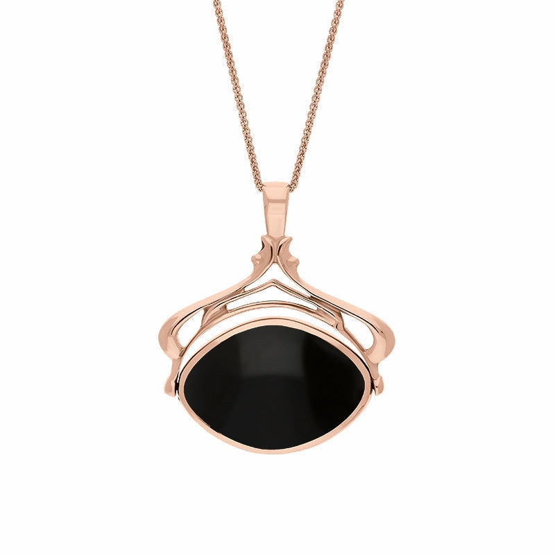 18ct Rose Gold Whitby Jet Malachite Marquise Swivel Fob Necklace