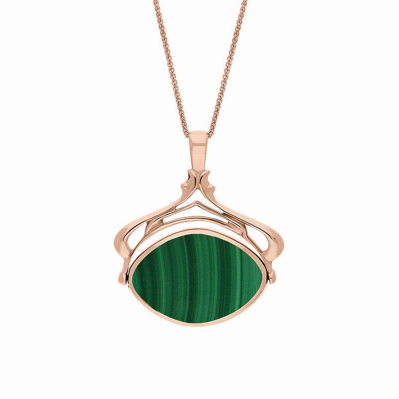 18ct Rose Gold Whitby Jet Malachite Marquise Swivel Fob Necklace