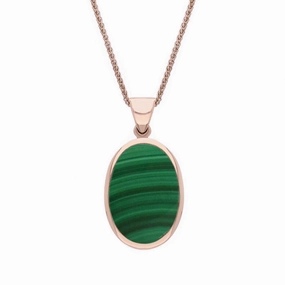 18ct Rose Gold Whitby Jet Malachite Small Double Sided Fob Necklace