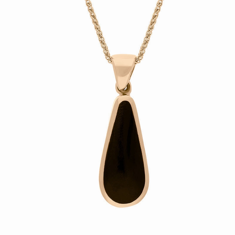 18ct Rose Gold Whitby Jet Malachite Small Double Sided Pear Cut Fob Necklace
