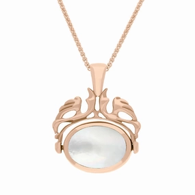 18ct Rose Gold Whitby Jet Mother Of Pearl Double Sided Oval Swivel Fob Necklace