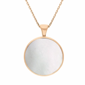 18ct Rose Gold Whitby Jet Mother Of Pearl Large Double Sided Round Fob Necklace