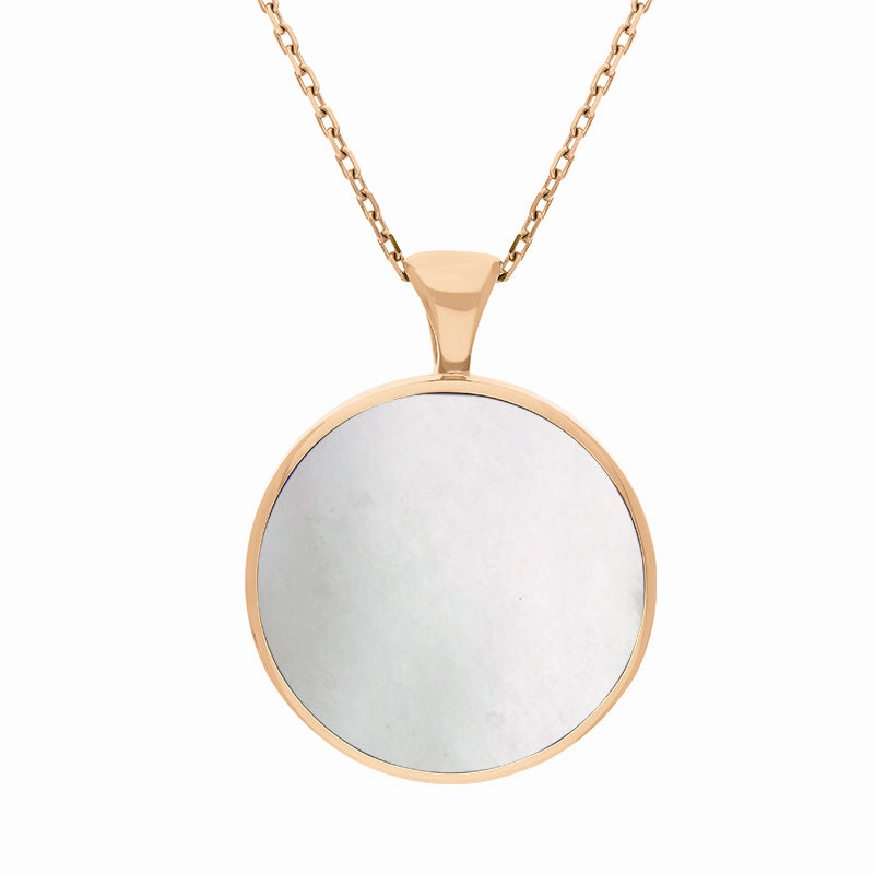 18ct Rose Gold Whitby Jet Mother Of Pearl Large Double Sided Round Fob Necklace