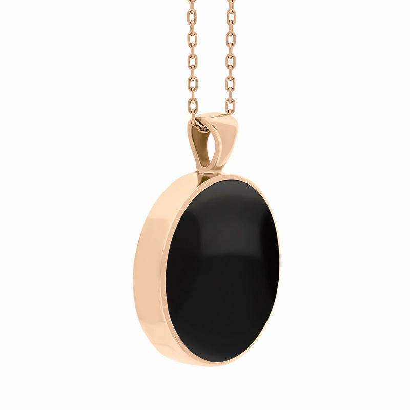 18ct Rose Gold Whitby Jet Mother Of Pearl Large Double Sided Round Fob Necklace
