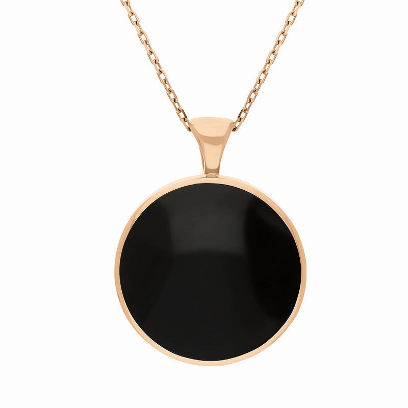 18ct Rose Gold Whitby Jet Mother Of Pearl Large Double Sided Round Fob Necklace