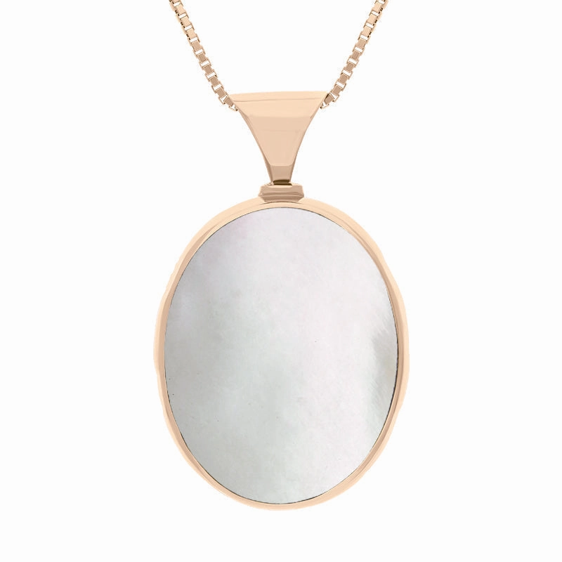18ct Rose Gold Whitby Jet Mother of Pearl Queens Jubilee Hallmark Double Sided Oval Necklace D