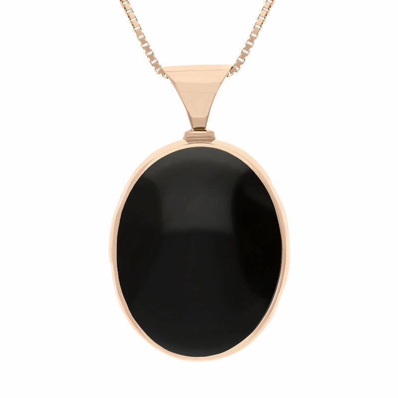 18ct Rose Gold Whitby Jet Mother of Pearl Queens Jubilee Hallmark Double Sided Oval Necklace D