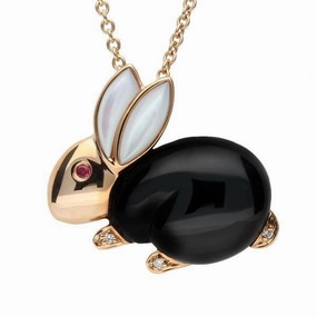 18ct Rose Gold Whitby Jet, Mother of Pearl, Ruby & Diamond Rabbit Necklace