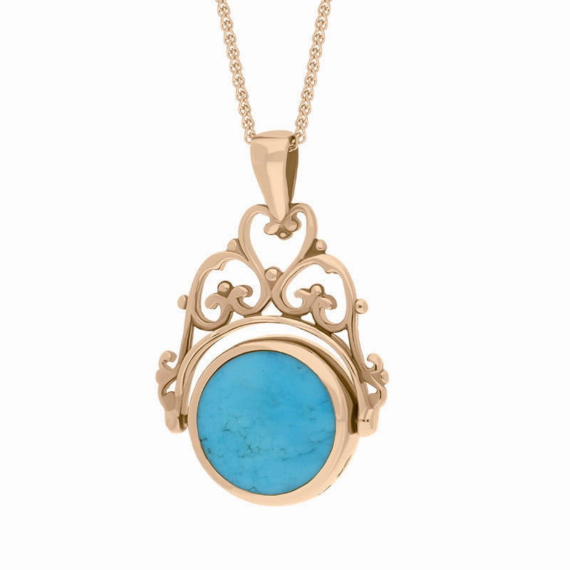 18ct Rose Gold Whitby Jet Turquoise Double Sided Round Swivel Fob Necklace