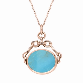 18ct Rose Gold Whitby Jet Turquoise Double Sided Swivel Fob Necklace