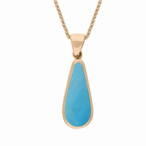 18ct Rose Gold Whitby Jet Turquoise Small Double Sided Pear Cut Fob Necklace