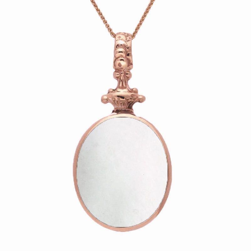 18ct Rose Gold Whitby Jet White Mother Of Pearl Double Sided Oval Fob Necklace