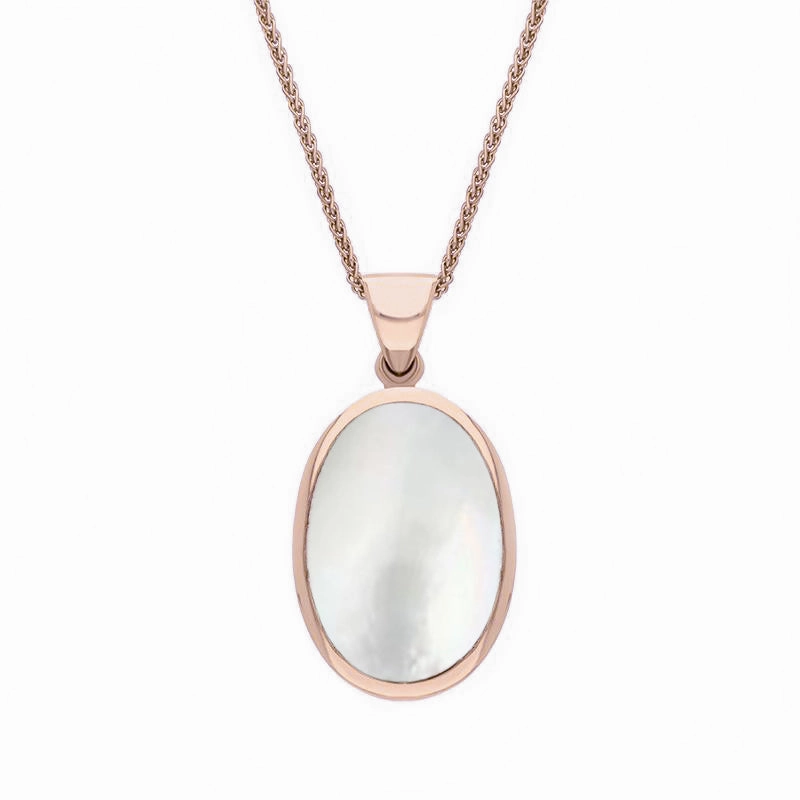 18ct Rose Gold Whitby Jet White Mother Of Pearl Small Double Sided Fob Necklace