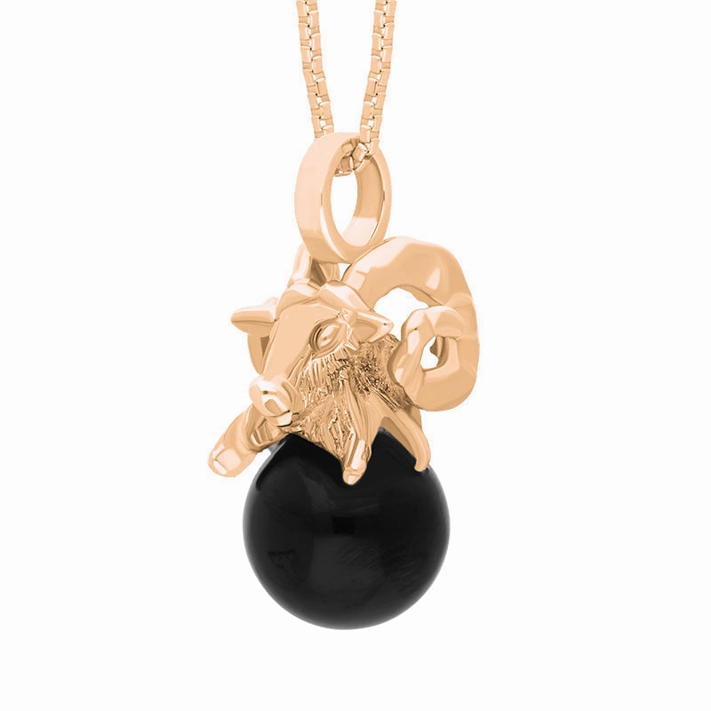 18ct Rose Gold Whitby Jet Zodiac Aries 8mm Bead Pendant