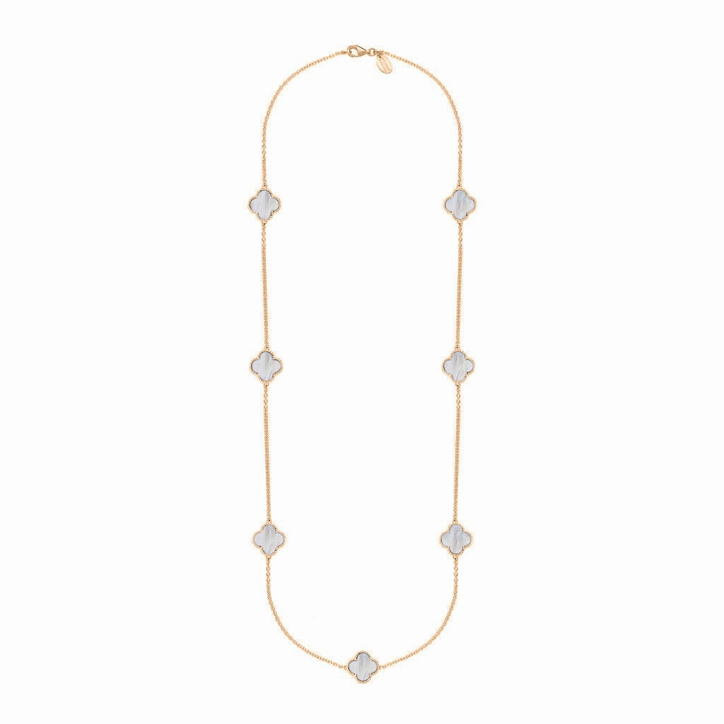 18ct Rose Gold White Mother of Pearl Bloom Four Leaf Clover Ball Edge Long Necklace