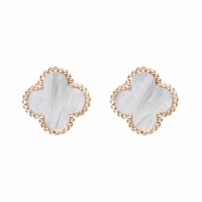 18ct Rose Gold White Mother of Pearl Bloom Four Leaf Clover Ball Edge Stud Earrings