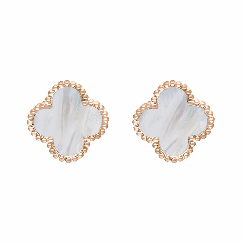 18ct Rose Gold White Mother of Pearl Bloom Four Leaf Clover Ball Edge Stud Earrings