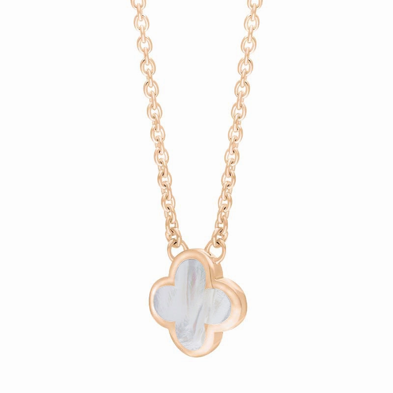 18ct Rose Gold White Mother of Pearl Bloom Small Four Leaf Clover Polished Edge Pendant