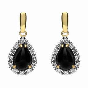 18ct White and Yellow Gold Whitby Jet Diamond Pear Drop Earrings D