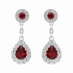 18ct White Gold 0.82ct Ruby Diamond Pear Cluster Drop Earrings