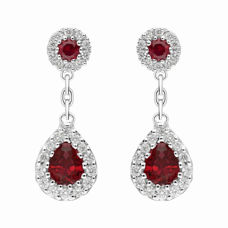 18ct White Gold 0.82ct Ruby Diamond Pear Cluster Drop Earrings
