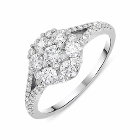 18ct White Gold 0.94ct Diamond Split Shoulder Round Cluster Ring
