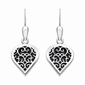 18ct White Gold Blue Goldstone Flore Filigree Heart Drop Earrings