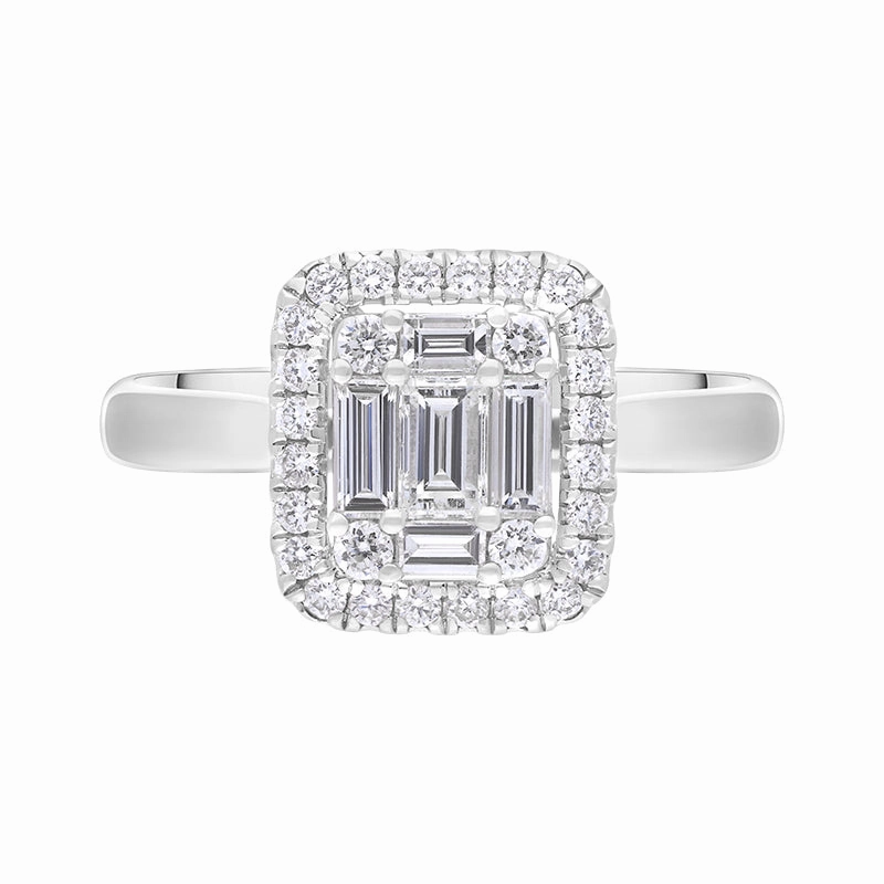 18ct White Gold Diamond Baguette Cut Vintage Style Cluster Ring