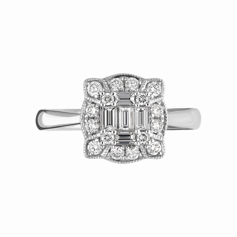 18ct White Gold Diamond Baguette Round Brilliant Cut Cluster Ring
