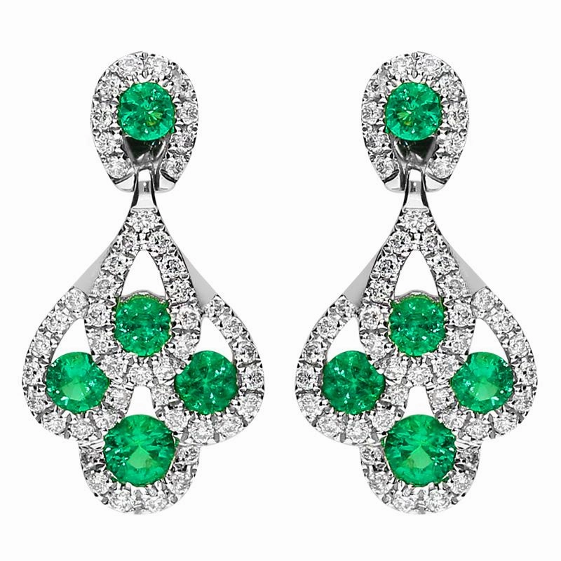 18ct White Gold Emerald and Diamond Peacock Earrings