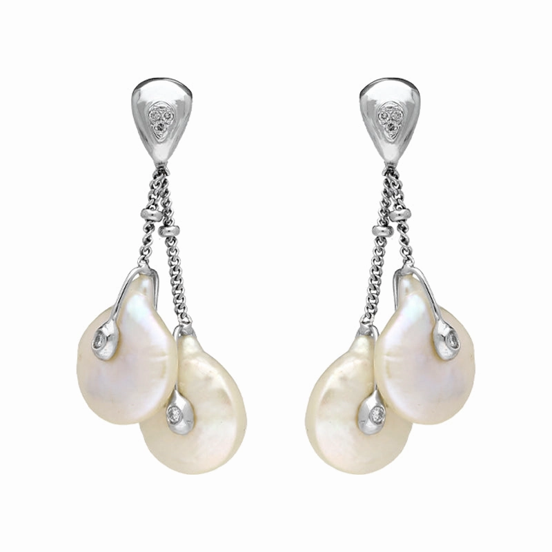 18ct White Gold Pearl Diamond Double Drop Earrings
