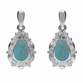 18ct White Gold Turquoise Pear Shaped Leaf Drop Earrings